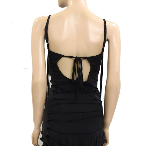 Anthropologie Black Fringes Slip Midi Dress Bodycon Evening Cutout XS New 281504 - Picture 4 of 4